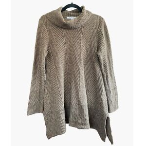 Asymmetrical Drape Chunky Knit Cowl Neck Brown Tunic Sweater Large Heritage Boho